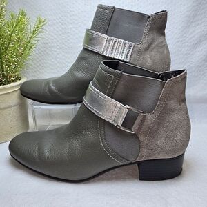 LOGO SHARON ANKLE BOOT GRAY LEATHER SUEDE COMBO METALLIC DETAIL SLIP ON WOMENS 8